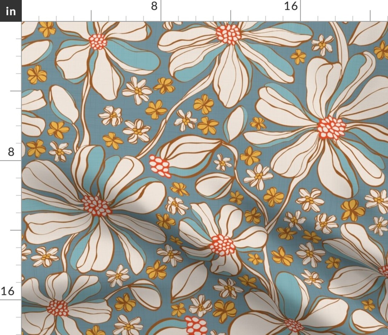 Blue Boho Floral Retro Botanical Garden Bloom Meadow Wildflower Large Scale Custom Printed Fabric by Spoonflower Various Fabrics by the Yard or Fat Quarter